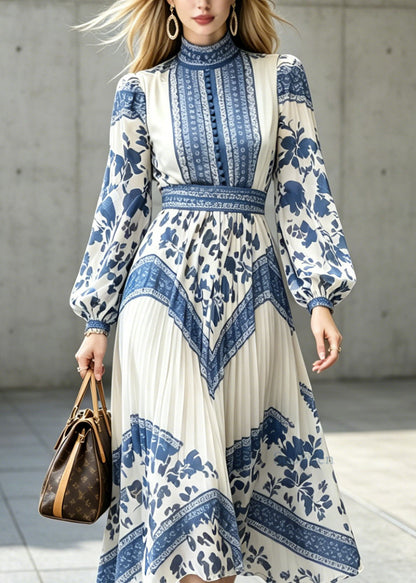 New Chinese Style Blue And White Porcelain Printed Chiffon Dress