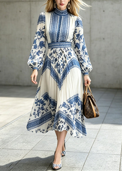 New Chinese Style Blue And White Porcelain Printed Chiffon Dress
