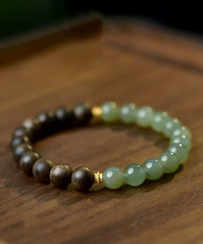 New Chinese Style Clear Water Green Jade And Wooden Bracelet