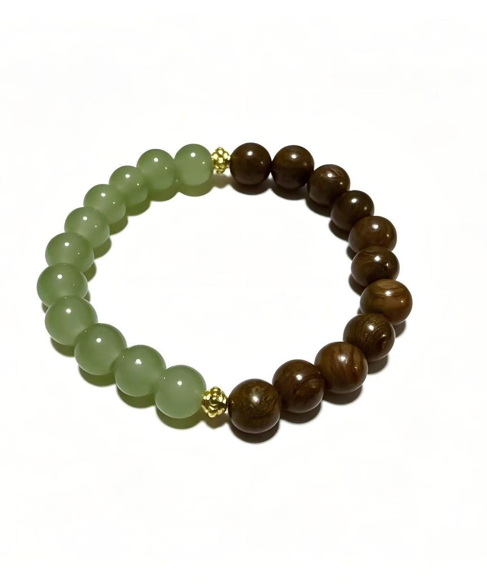 New Chinese Style Clear Water Green Jade And Wooden Bracelet