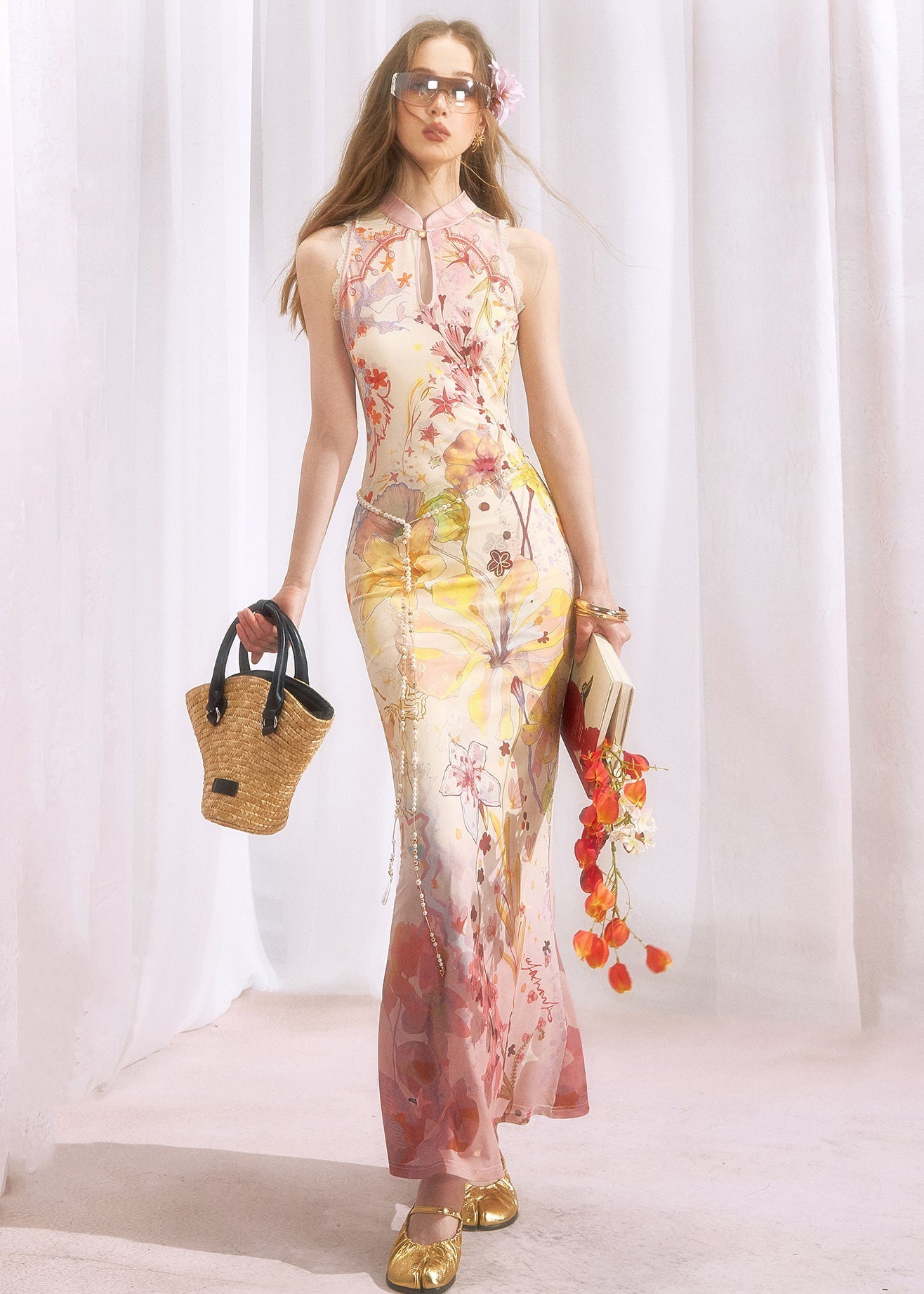 New Chinese Style Gradient Print Sleeveless Tulle Cheongsam Dress Set