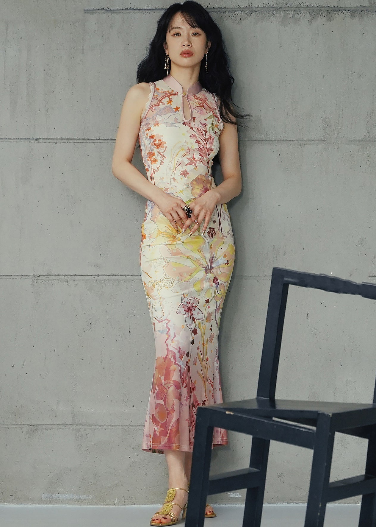 New Chinese Style Gradient Print Sleeveless Tulle Cheongsam Dress Set