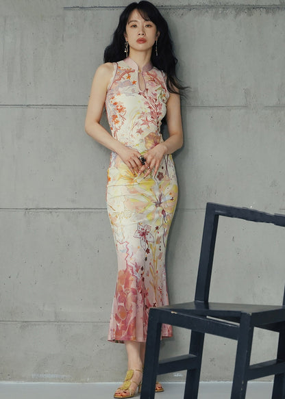 New Chinese Style Gradient Print Sleeveless Tulle Cheongsam Dress Set