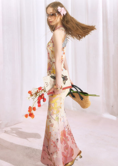New Chinese Style Gradient Print Sleeveless Tulle Cheongsam Dress Set