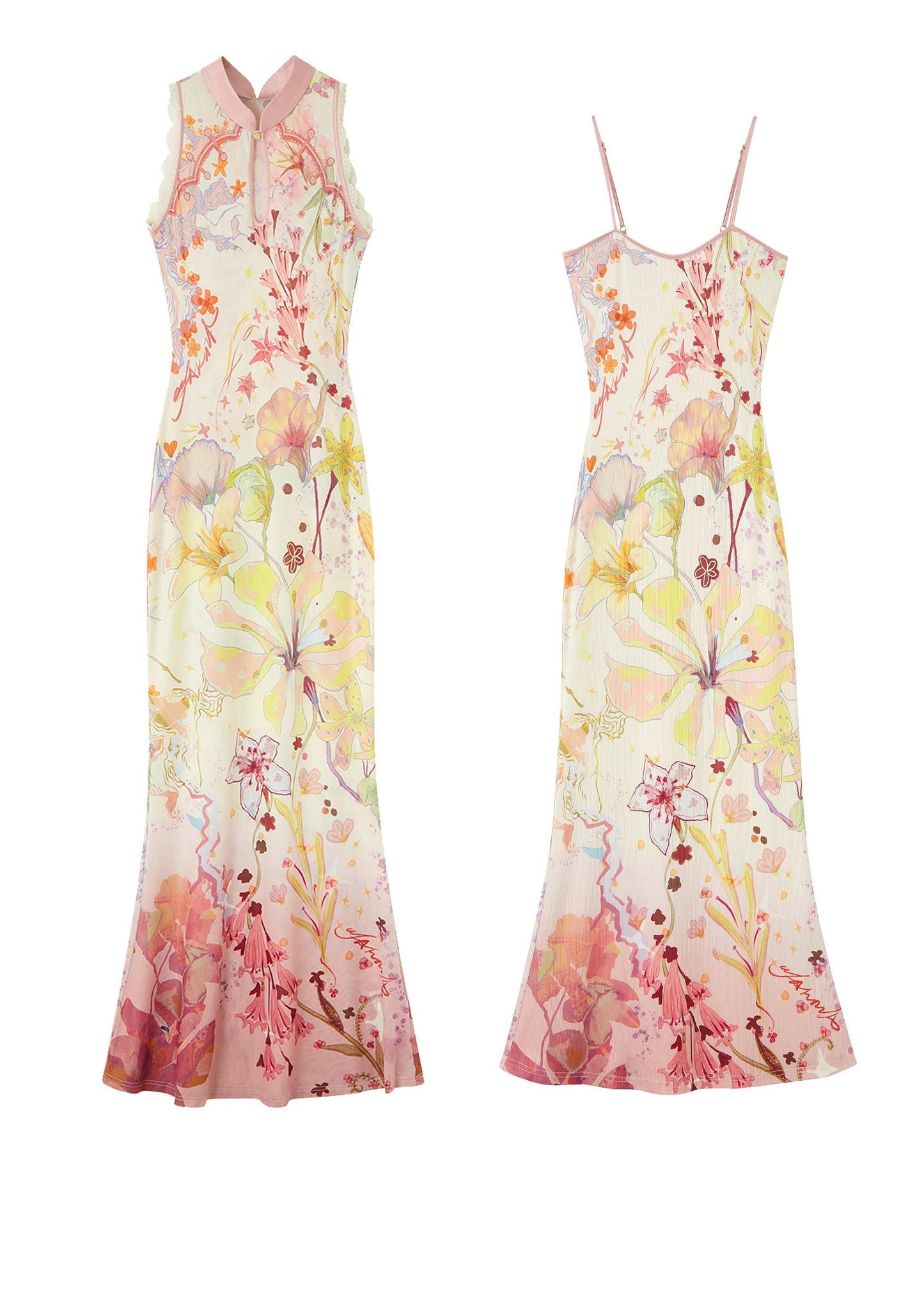 New Chinese Style Gradient Print Sleeveless Tulle Cheongsam Dress Set