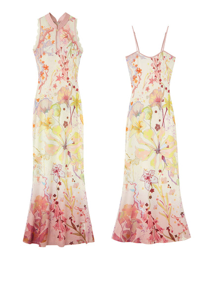 New Chinese Style Gradient Print Sleeveless Tulle Cheongsam Dress Set