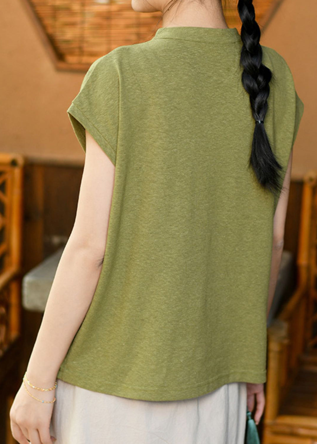Neues T-Shirt im chinesischen Stil mit grünem Stehkragen und kurzen Ärmeln