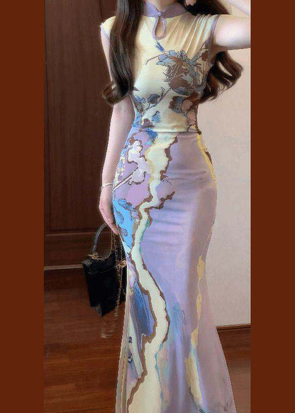 New Chinese Style Purple Print Tulle Qipao Dress Summer