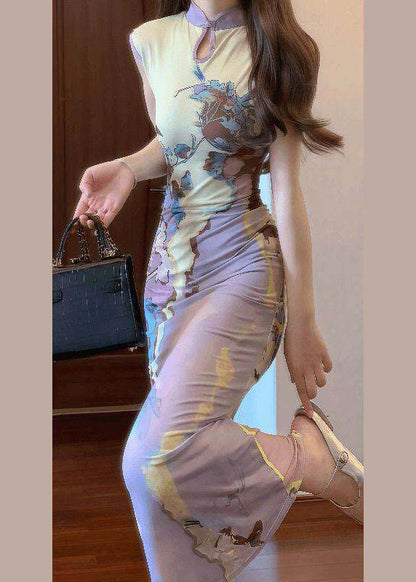 New Chinese Style Purple Print Tulle Qipao Dress Summer