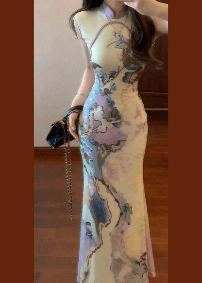 New Chinese Style Purple Print Tulle Qipao Dress Summer