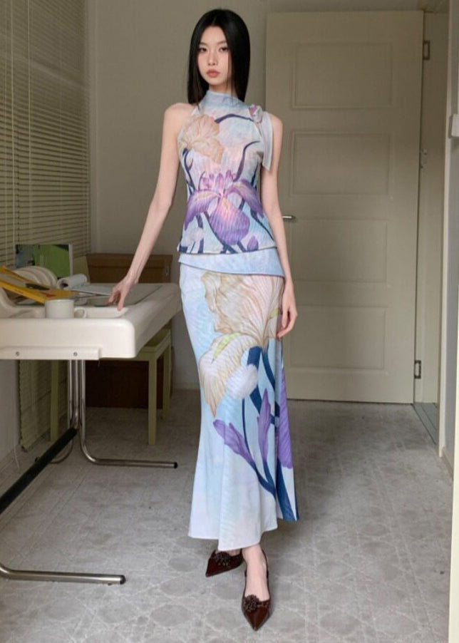New Chinese Style Wear On Both Print Sides Sleeveless Top And Skirt Set