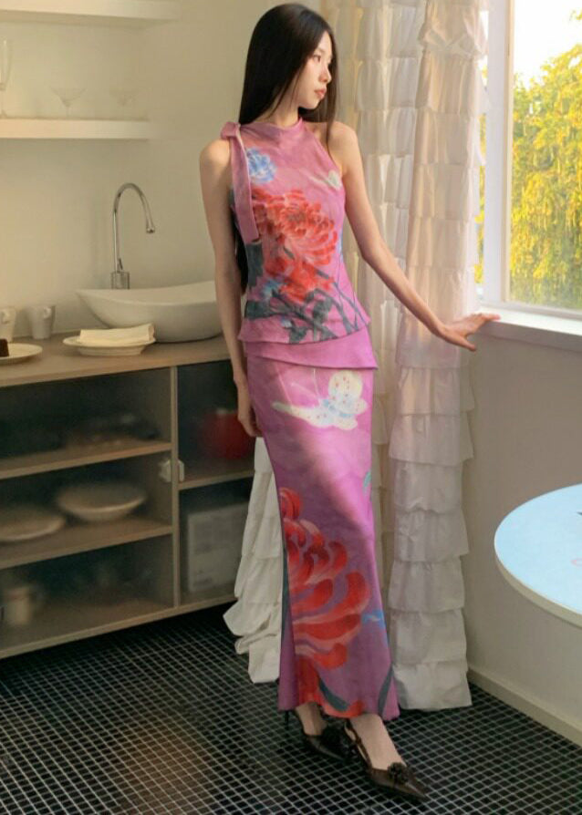 New Chinese Style Wear On Both Print Sides Sleeveless Top And Skirt Set