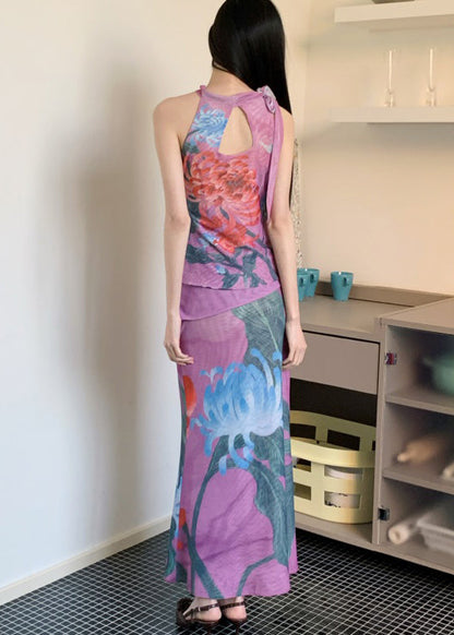 New Chinese Style Wear On Both Print Sides Sleeveless Top And Skirt Set