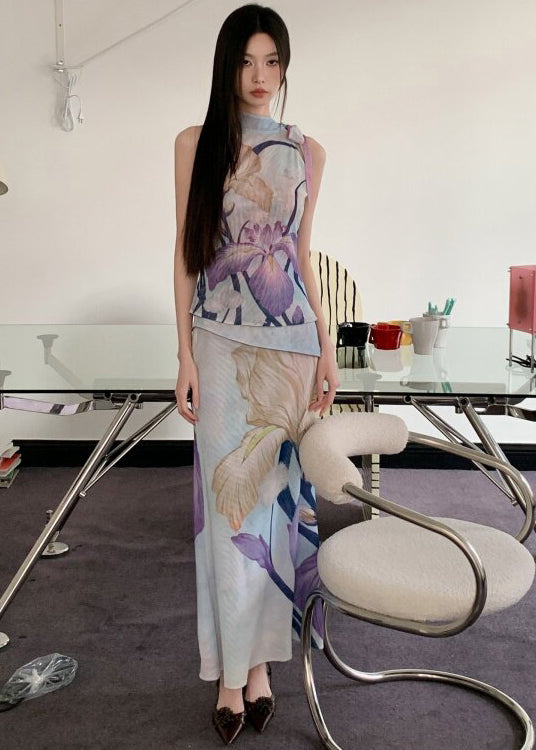 New Chinese Style Wear On Both Print Sides Sleeveless Top And Skirt Set