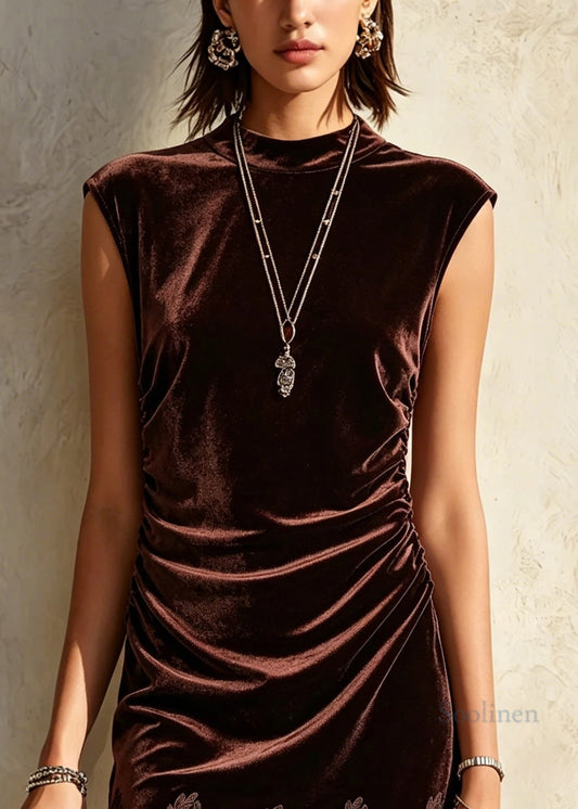 New Chocolate O Neck Lace Patchwork Velvet Dress Summer
