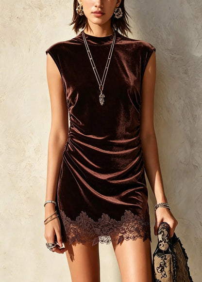 New Chocolate O Neck Lace Patchwork Velvet Dress Summer