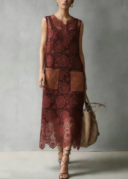 New Coffee Embroidered Hollow Out Lace Dresses Sleeveless