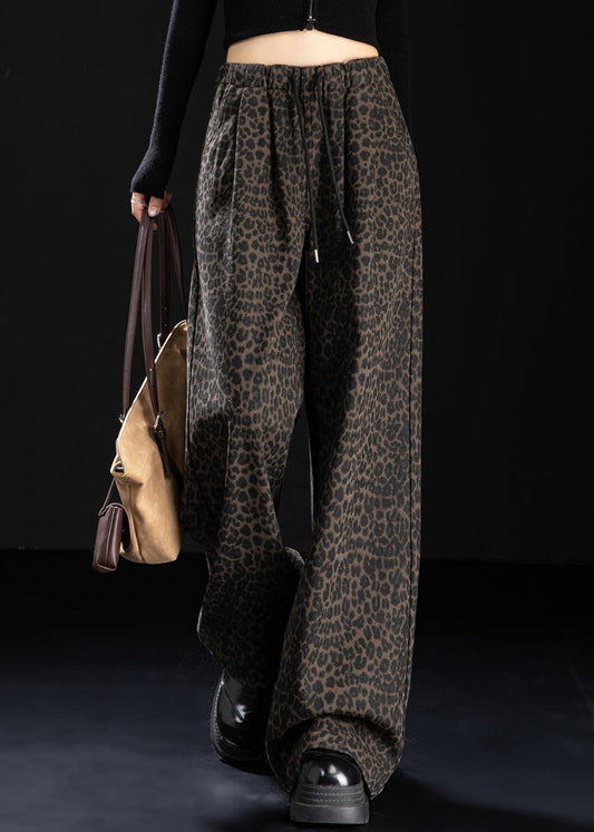 New Coffee Leopard Pockets Print Warm Fleece Denim Pants Winter