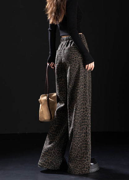 New Coffee Leopard Pockets Print Warm Fleece Denim Pants Winter