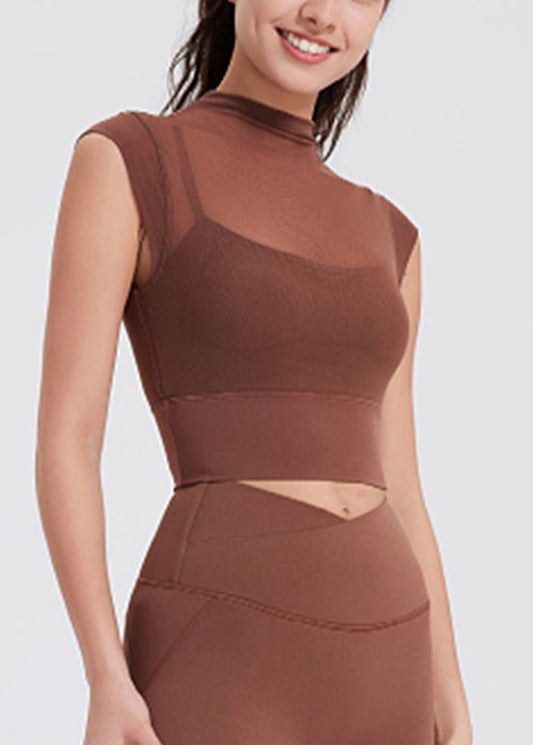 New Coffee Mesh Panel Leggings Short Sleeve Yoga Top