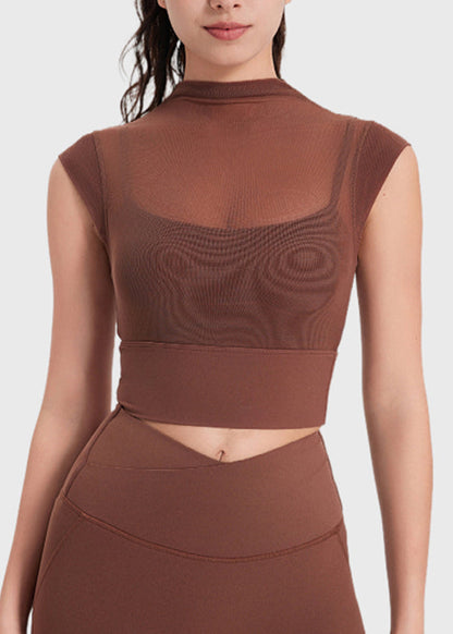 New Coffee Mesh Panel Leggings Short Sleeve Yoga Top