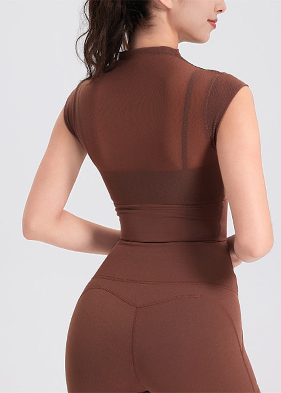 New Coffee Mesh Panel Leggings Short Sleeve Yoga Top