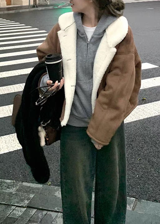 New Coffee Peter Pan Collar Pockets Fleece Wool Lined Coats Winter