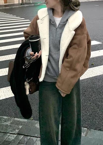 New Coffee Peter Pan Collar Pockets Fleece Wool Lined Coats Winter