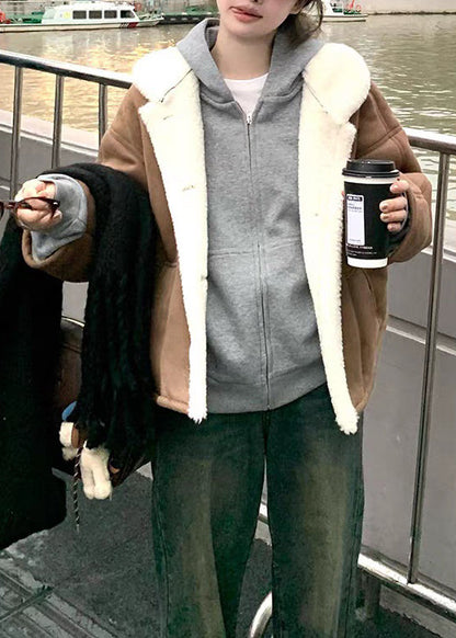 New Coffee Peter Pan Collar Pockets Fleece Wool Lined Coats Winter