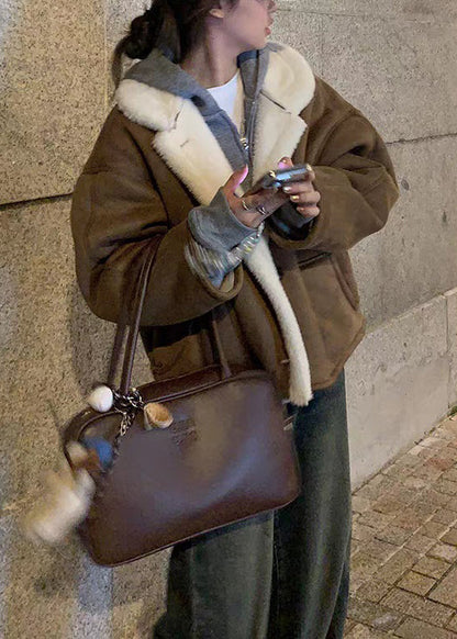 New Coffee Peter Pan Collar Pockets Fleece Wool Lined Coats Winter