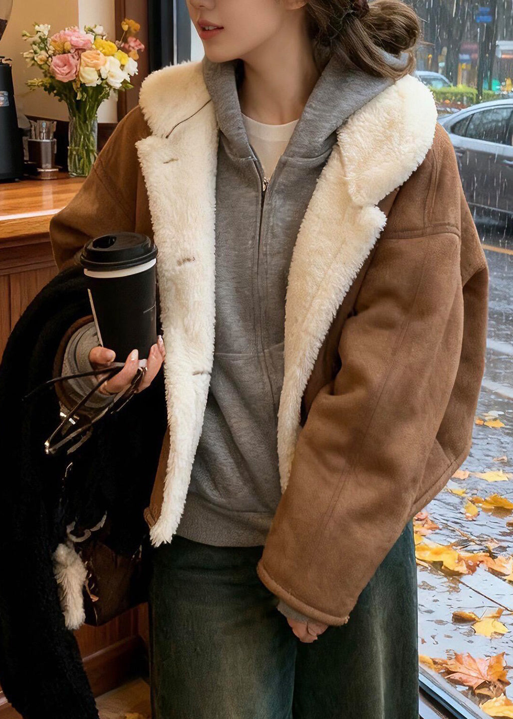 New Coffee Peter Pan Collar Pockets Fleece Wool Lined Coats Winter