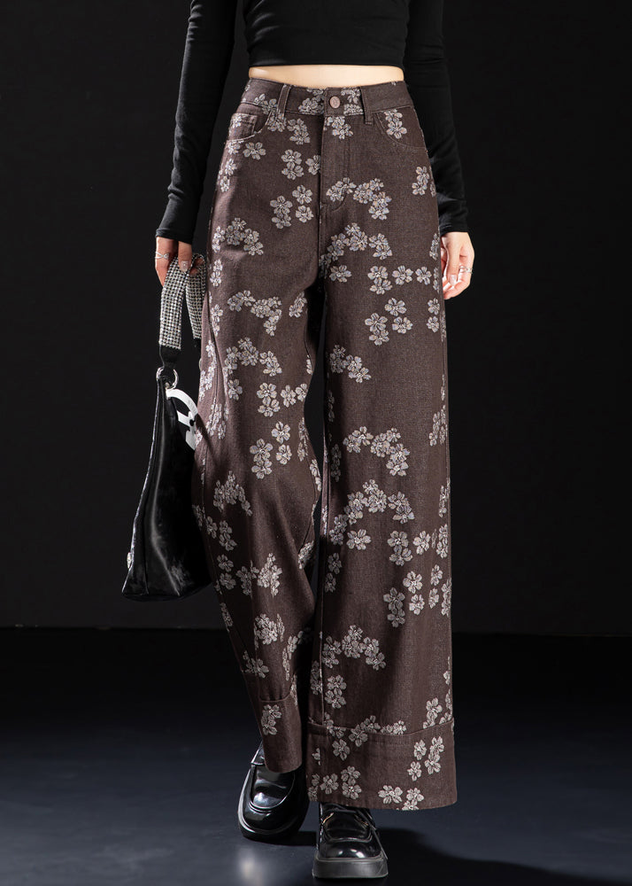 New Coffee Pockets Print Denim Straight Pants Spring