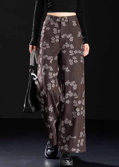 New Coffee Pockets Print Denim Straight Pants Spring