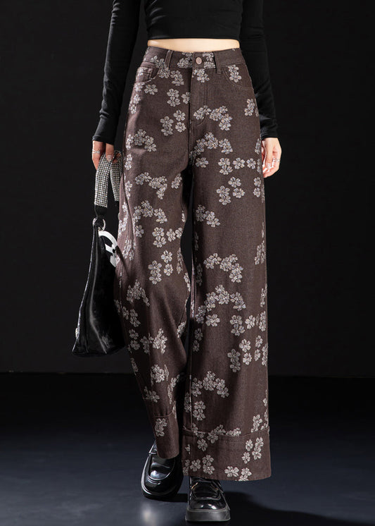 New Coffee Pockets Print Denim Straight Pants Spring