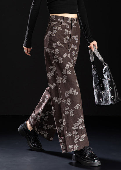 New Coffee Pockets Print Denim Straight Pants Spring