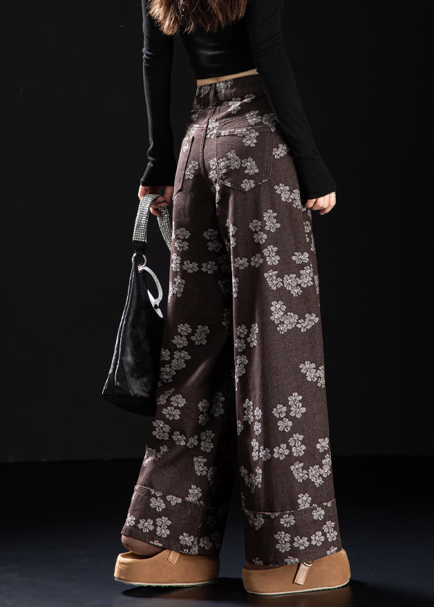 New Coffee Pockets Print Denim Straight Pants Spring