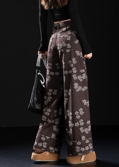 New Coffee Pockets Print Denim Straight Pants Spring