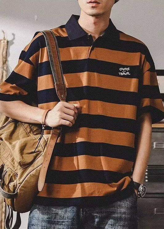 New Coffee Striped Print Cotton Mens Polo Shirt Summer