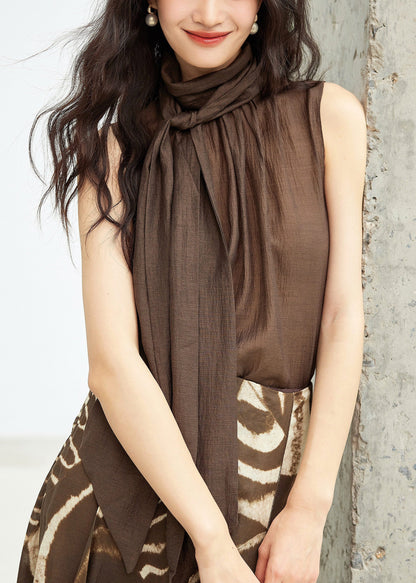 New Coffee Turtleneck Lace Up Solid Cotton Top Sleeveless