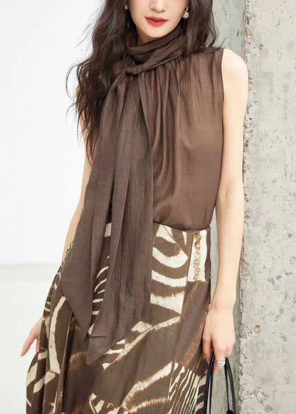 New Coffee Turtleneck Lace Up Solid Cotton Top Sleeveless