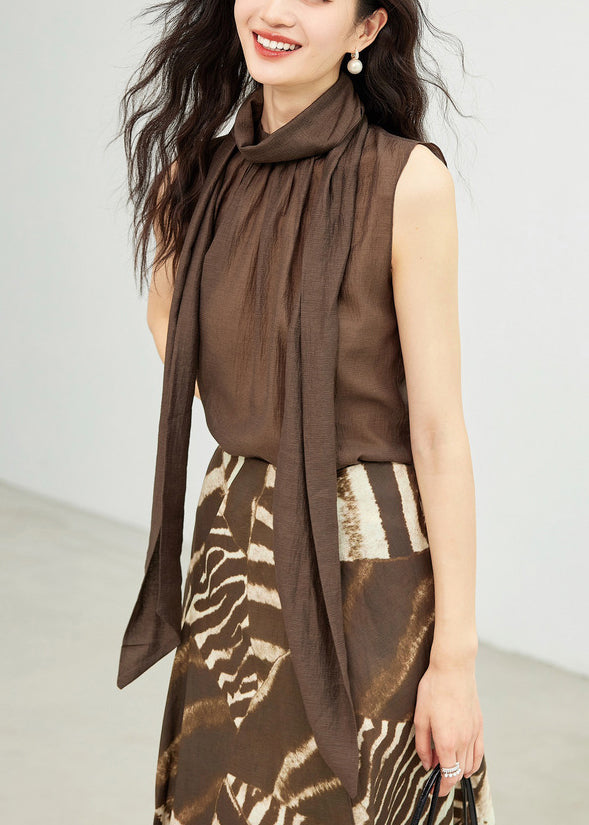 New Coffee Turtleneck Lace Up Solid Cotton Top Sleeveless