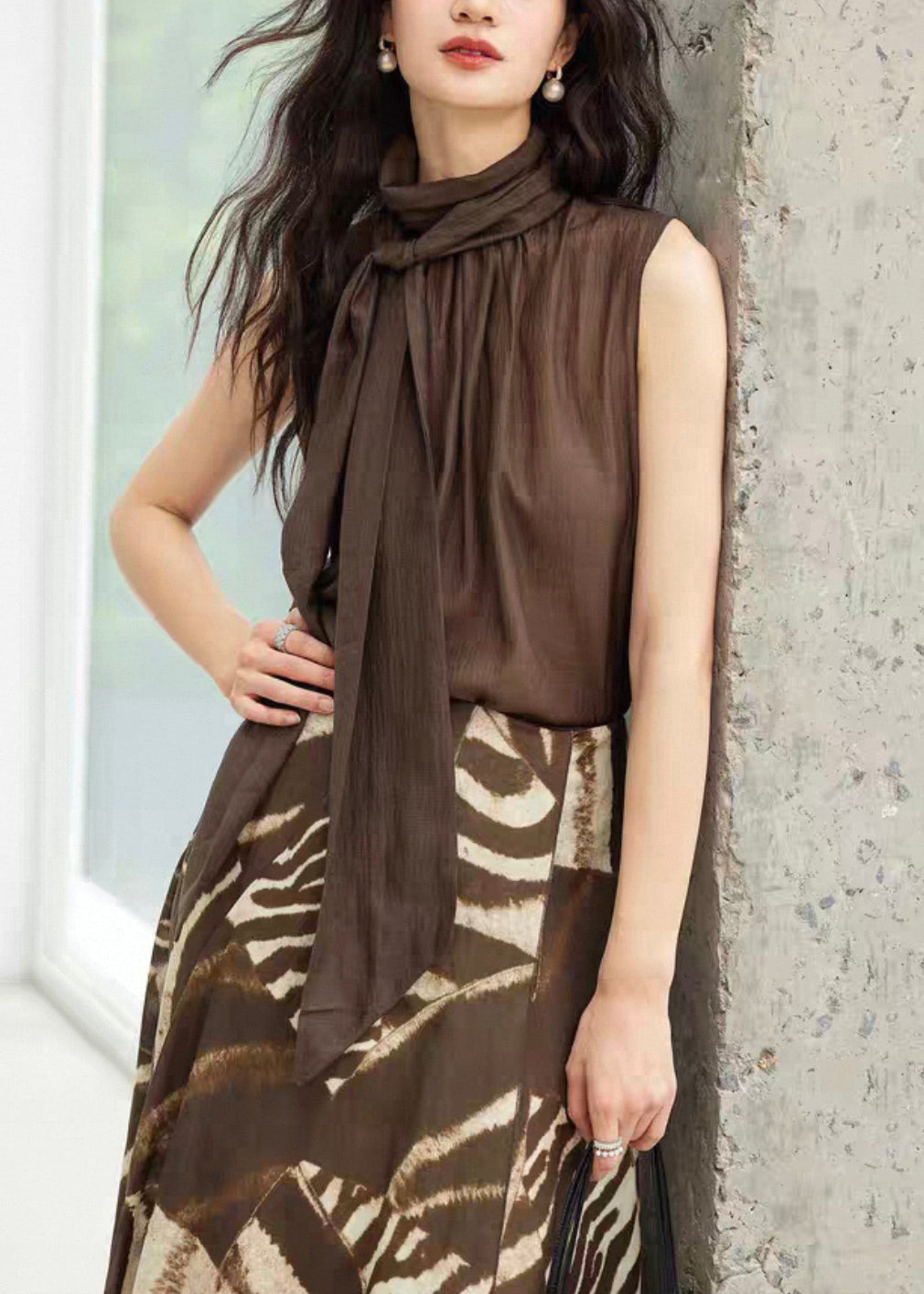 New Coffee Turtleneck Lace Up Solid Cotton Top Sleeveless