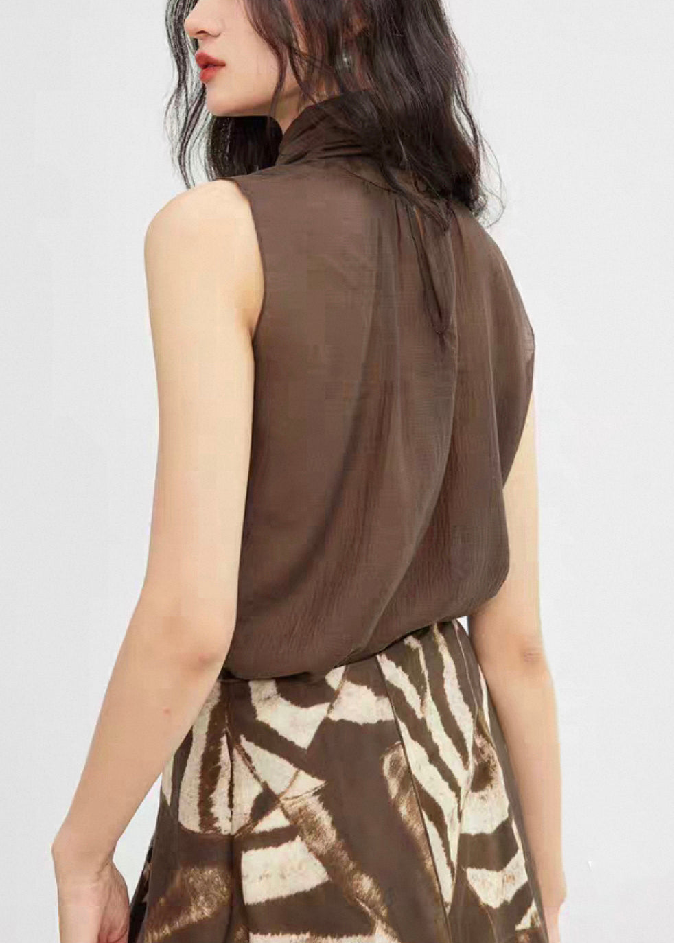 New Coffee Turtleneck Lace Up Solid Cotton Top Sleeveless