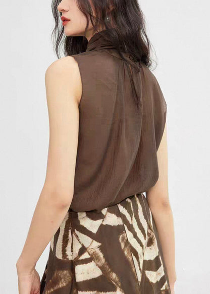 New Coffee Turtleneck Lace Up Solid Cotton Top Sleeveless