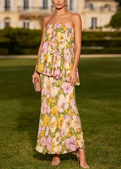 New Cold Shoulder Print Wrinkled Chiffon Maxi Dresses Sleeveless