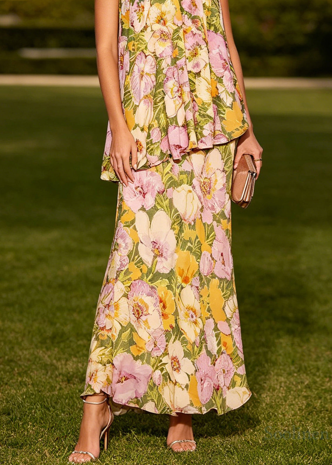 New Cold Shoulder Print Wrinkled Chiffon Maxi Dresses Sleeveless