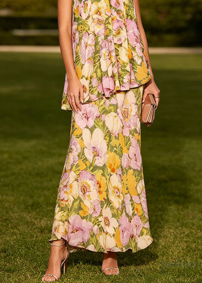 New Cold Shoulder Print Wrinkled Chiffon Maxi Dresses Sleeveless