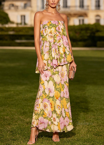 New Cold Shoulder Print Wrinkled Chiffon Maxi Dresses Sleeveless