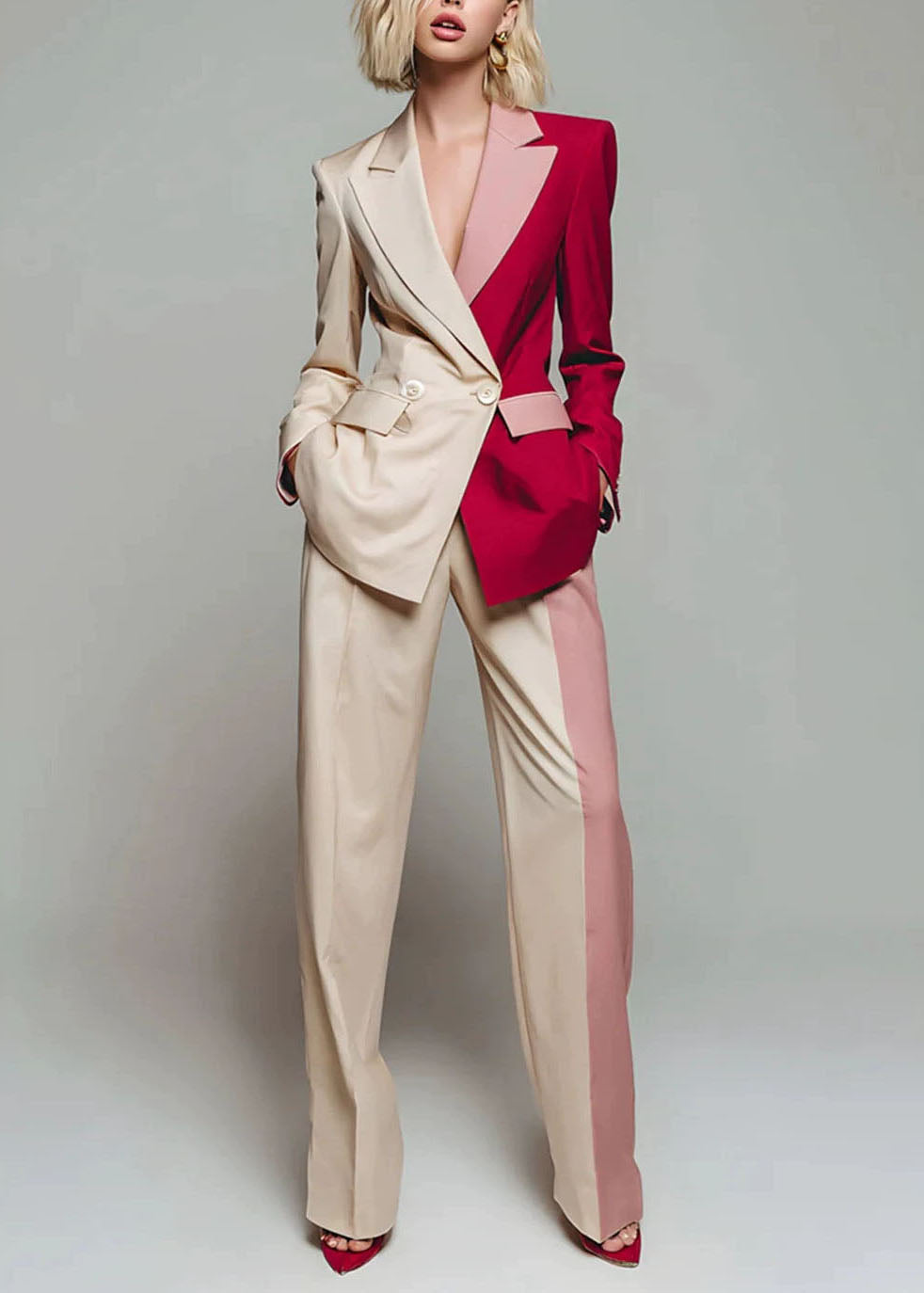 New Color Blocked Long Sleeved Blazer Jackets Coat And Wide Leg Pants Set
