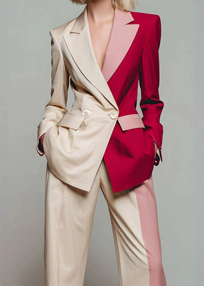 New Color Blocked Long Sleeved Blazer Jackets Coat And Wide Leg Pants Set